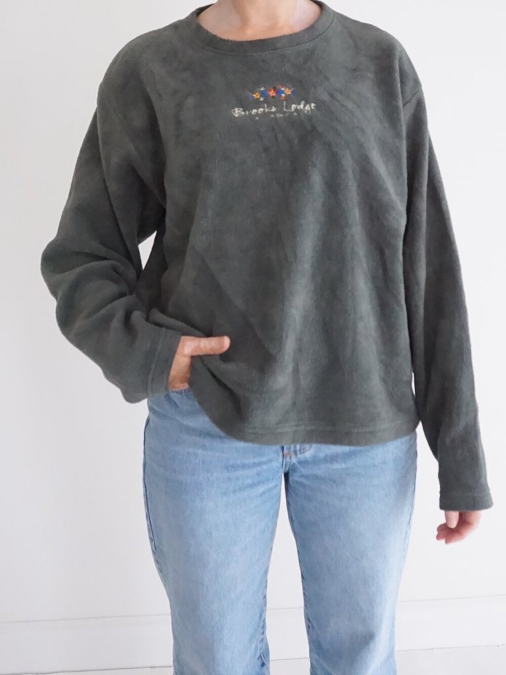 Vintage Savannal Green Brook Lodge Embroidered Alaska Fleece Sweatshirt L